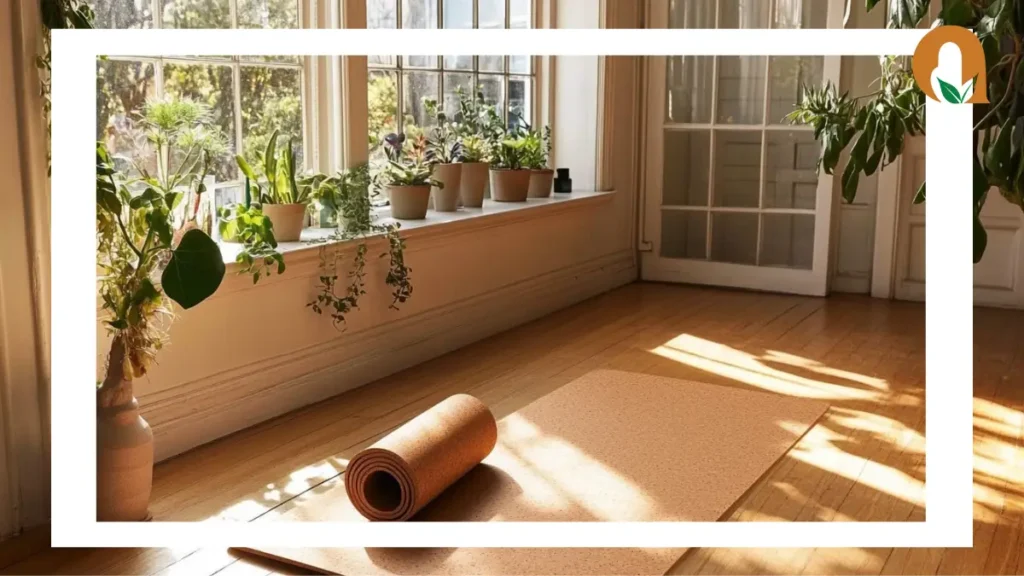 Cork yoga mats in various settings (nature, yoga studio)