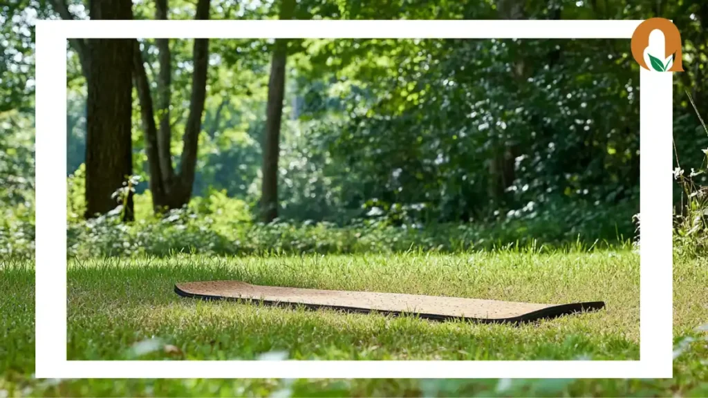 Cork yoga mat with natural texture and greenery background