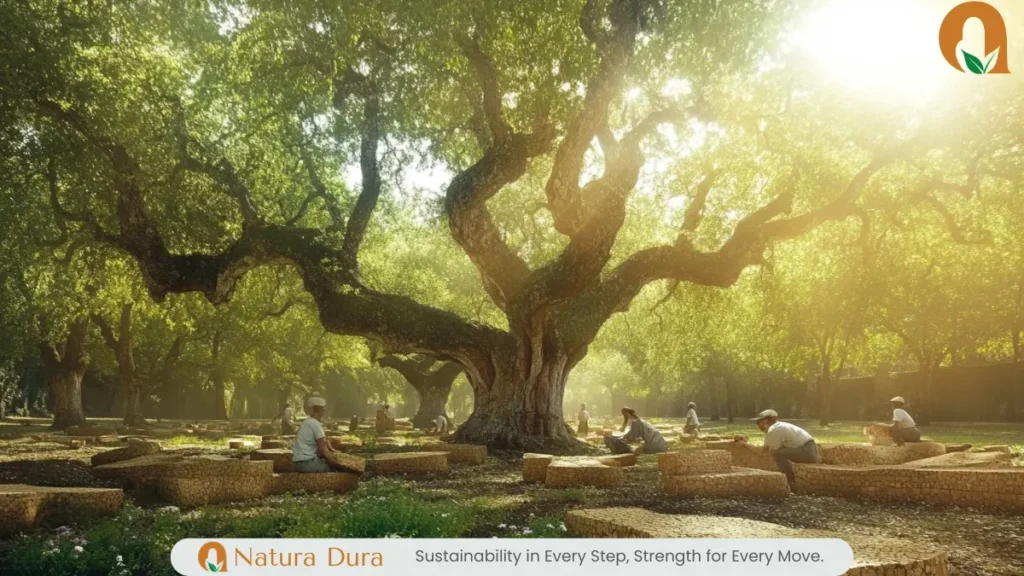 Eco-friendly cork harvesting in an idyllic landscape with lush cork oak trees, gently stripped bark, sunlight filtering through leaves, workers collecting cork, wildflowers, small animals, and vibrant green surroundings, embodying harmony and sustainability.