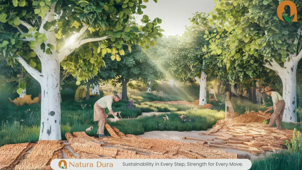 Eco-friendly cork harvesting in an idyllic landscape with lush cork oak trees, gently stripped bark, sunlight filtering through leaves, workers collecting cork, wildflowers, small animals, and vibrant green surroundings, embodying harmony and sustainability.