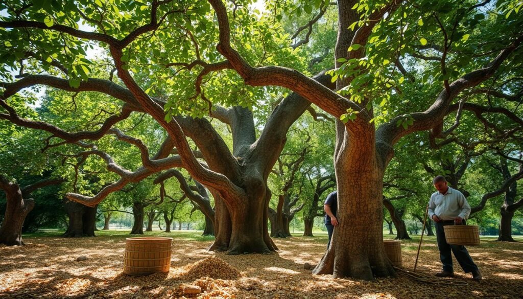 Eco-friendly cork harvesting in an idyllic landscape with lush cork oak trees, gently stripped bark, sunlight filtering through leaves, workers collecting cork, wildflowers, small animals, and vibrant green surroundings, embodying harmony and sustainability.