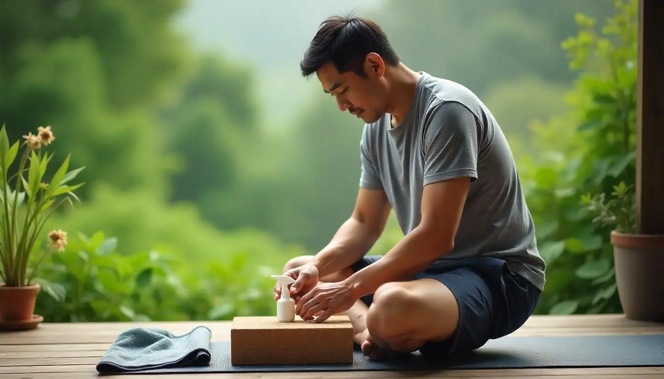 A lifestyle photo showing a person cleaning a cork yoga block in a natural, minimalist setting with soft lighting that highlights the sustainable aesthetic