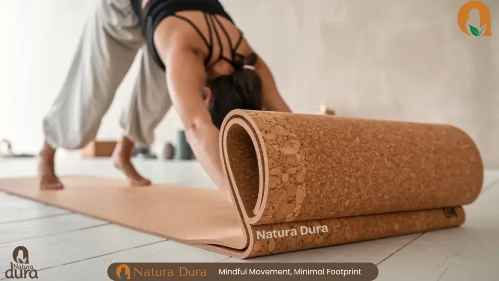 Close-up of a cork yoga mat’s textured surface, showing its natural, non-slip grip and eco-friendly material composition.