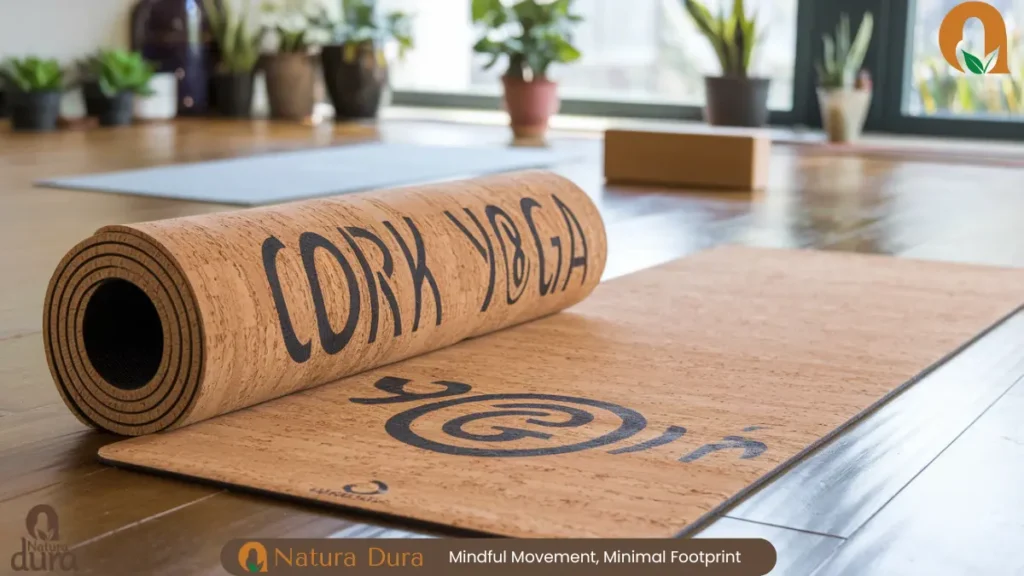 A sustainable cork yoga mat rolled out on a wooden floor, surrounded by eco-friendly yoga accessories like a bamboo water bottle and cotton strap