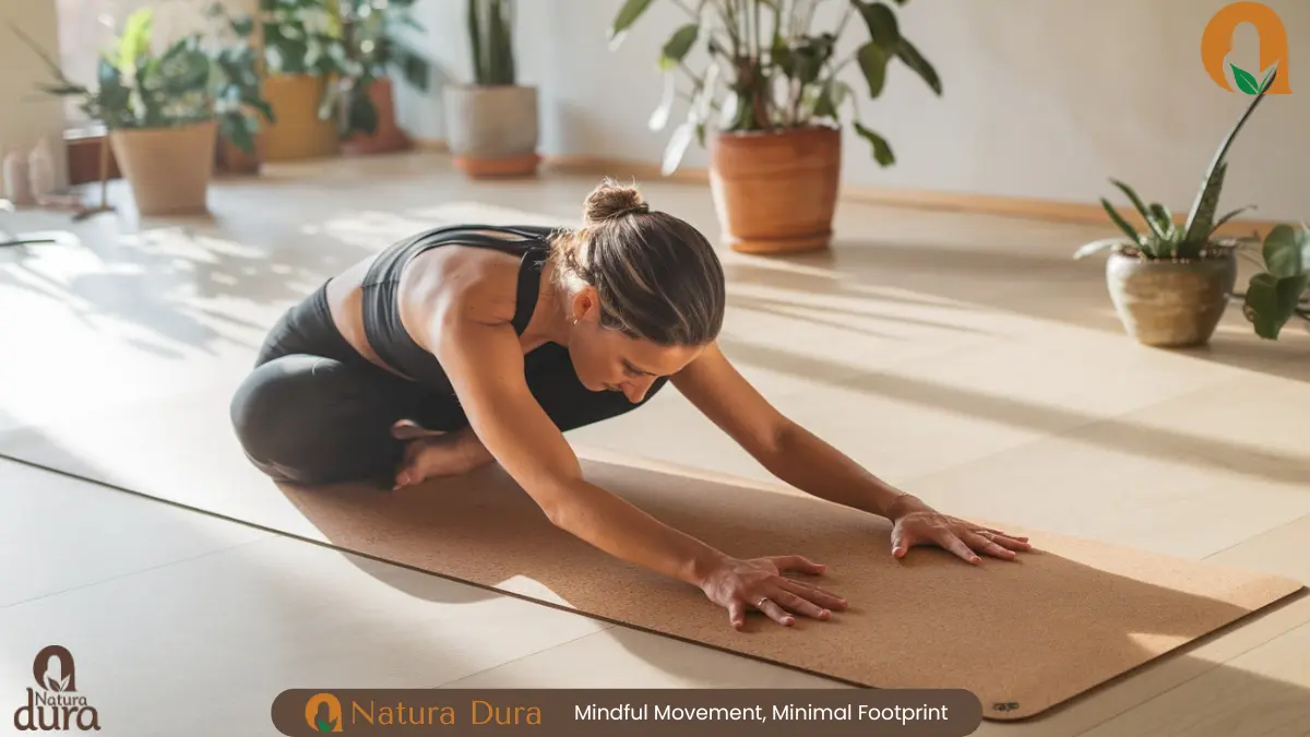 A yogi practicing in a sunlit room on a cork yoga mat, demonstrating its grip and comfort during a challenging pose.