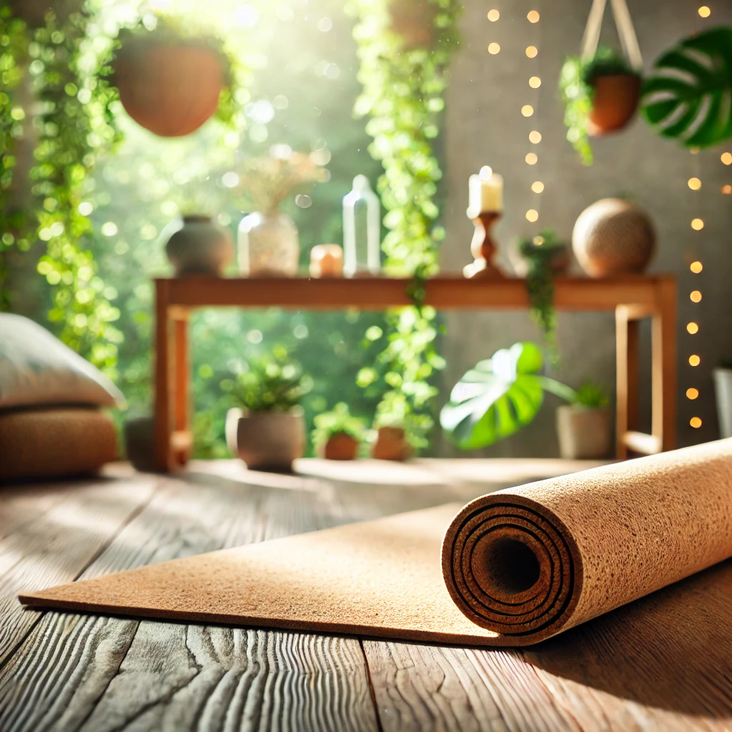 Cork yoga mat sustainability – an eco-friendly cork yoga mat on a wooden floor with a peaceful yoga setting.