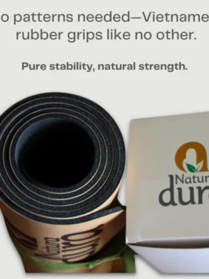 Durable Vietnamese rubber base on a sustainable cork yoga mat, offering superior slip-resistant stability and natural strength for hot yoga ses