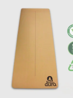 Full-length view of a Natura Dura cork yoga mat with alignment guide. Made from 100% recycled materials, non-toxic, and ideal for stability in