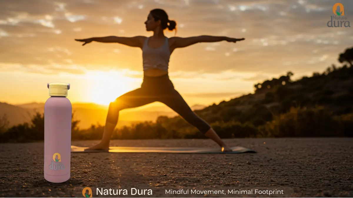 Natura water bottle with bamboo lid used during yoga practice for eco-friendly hydration