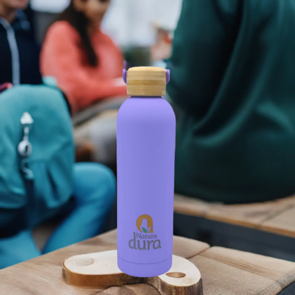 Close-up of Natura bamboo water bottle cap showing sustainable design details