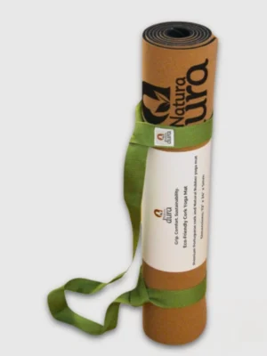 NaturaDura cork yoga mat rolled with an eco-friendly carrying strap – a sustainable, non-toxic yoga mat with natural rubber for ultimate grip