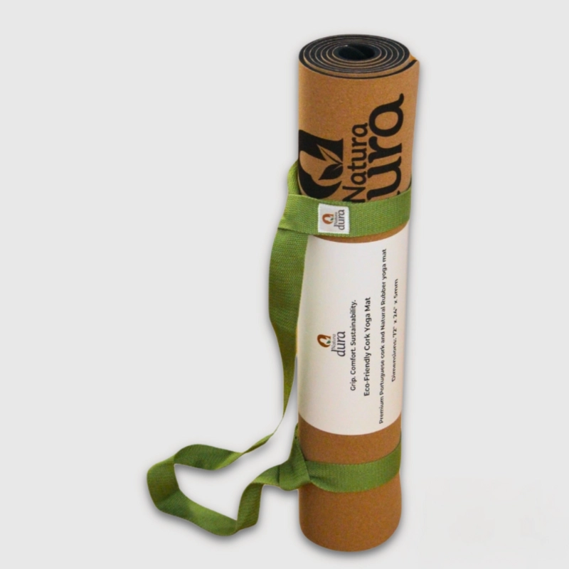 NaturaDura cork yoga mat rolled with an eco-friendly carrying strap – a sustainable, non-toxic yoga mat with natural rubber for ultimate grip