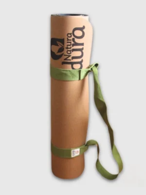 Rolled-up cork yoga mat with a green carrying strap, featuring the Natura Dura logo. Lightweight, portable, and crafted from sustainable, biode