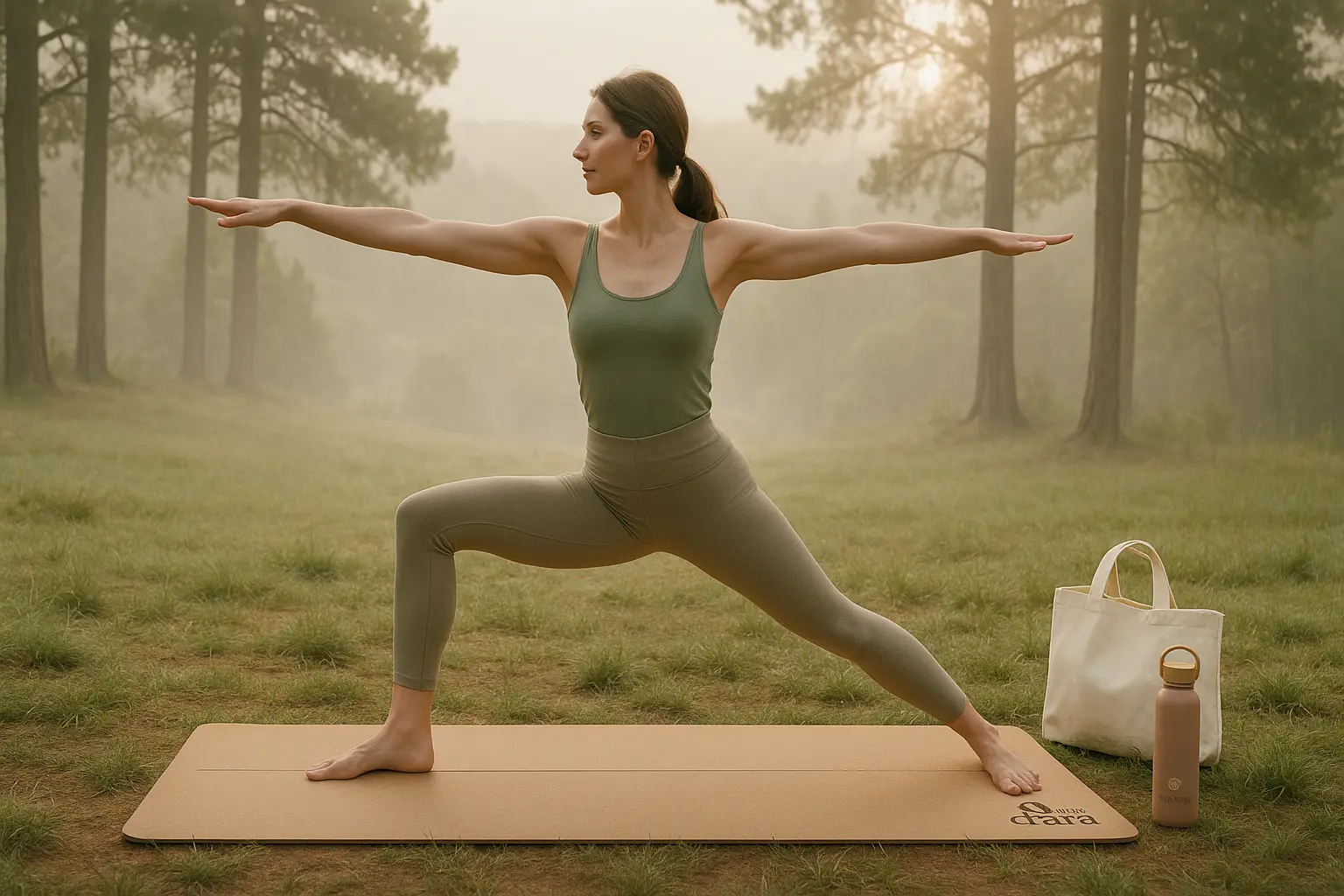 A serene early morning outdoor yoga session on a misty hilltop, featuring a woman in minimalist earth-tone yoga attire (beige, sage green, or muted brown) practicing on a cork yoga mat. She’s barefoot, stretching into a Warrior II pose. Sunlight gently pierces through trees. A stainless steel bamboo-lid water bottle and a cotton tote bag sit nearby on the grass. The atmosphere is calm, clean, fresh, eco-conscious, and inspiring. Muted color palette (earth tones, soft neutrals), focused on connection with nature, sustainability, and mindful movement. in a landscape format