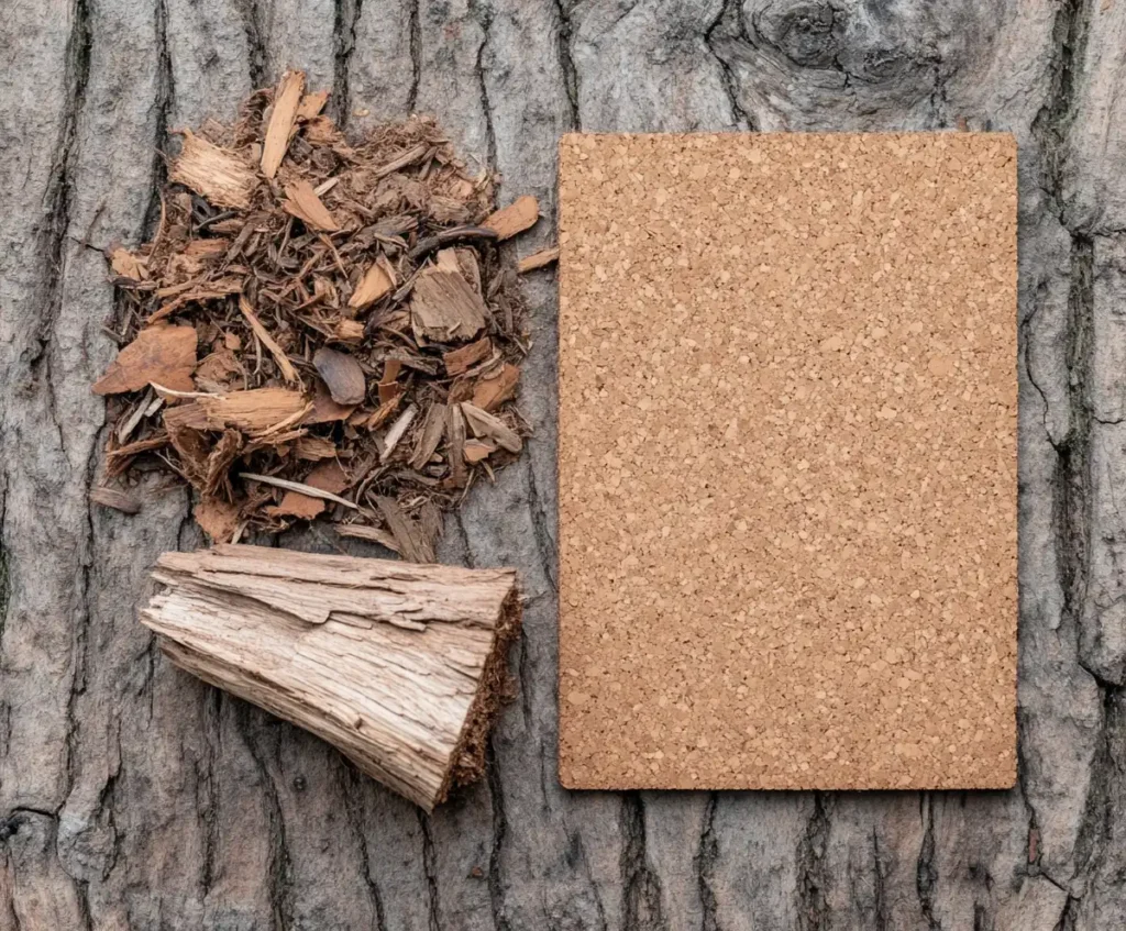 Cork mat next to compostable cork offcuts and oak bark, symbolizing lifecycle sustainability and biodegradable materials.