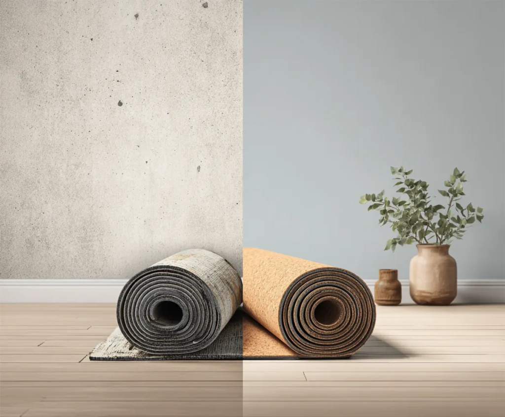 Side-by-side image of worn synthetic yoga mats vs pristine cork yoga mat in serene home studio—highlighting longevity and eco value.