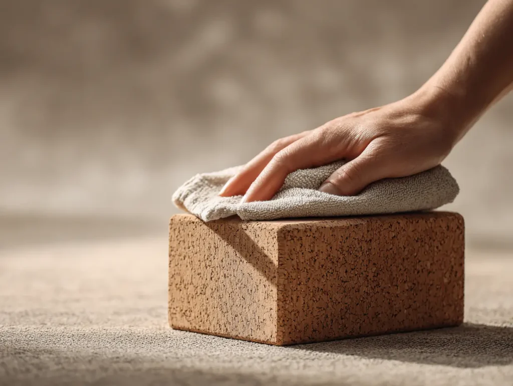 Close-up of a hand wiping a cork yoga block with a damp cotton cloth, highlighting the block’s natural texture.
