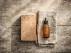 Overhead view of a cork yoga block, cotton cloth, and amber spray bottle arranged on a wooden floor in soft morning light.