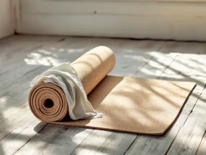 Hands gently wiping a cork yoga mat with a damp cotton cloth under warm, natural light.
