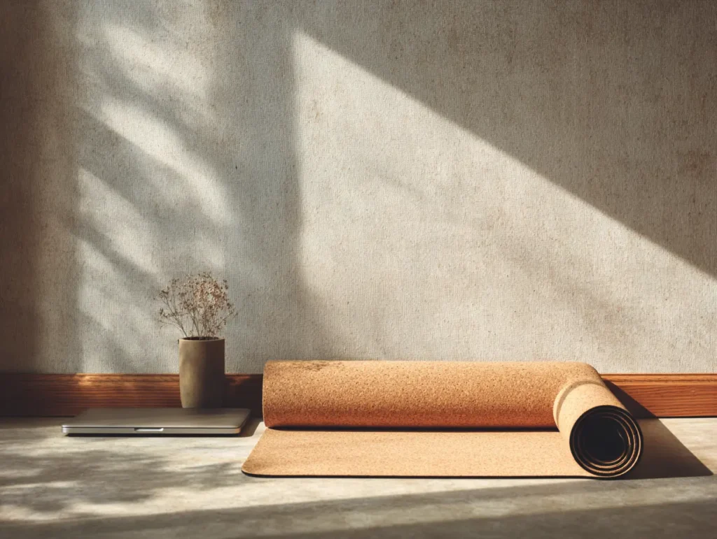 Feature image Overhead view of a cork yoga mat unrolled beside a minimalist wooden desk and closed laptop, morning light casting soft shadows.