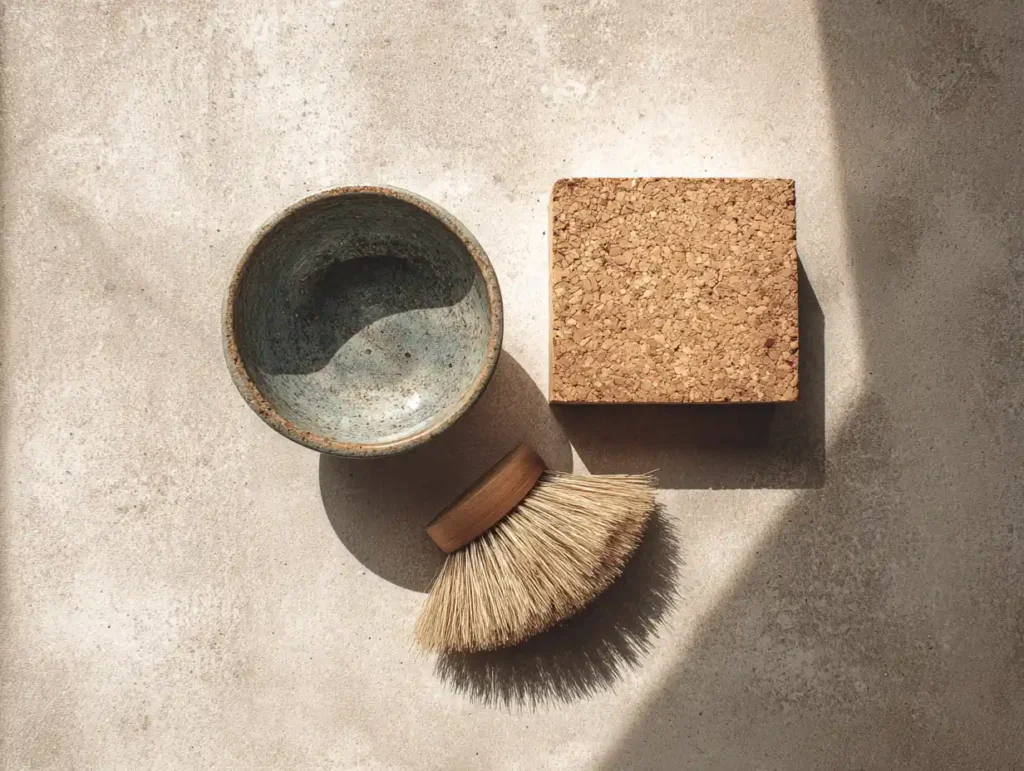 Flat lay of a cork yoga block next to a ceramic bowl of soapy water and a soft-bristle brush, ready for deep cleaning.