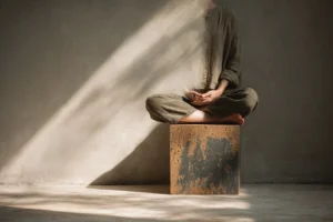 Side profile of a person seated cross-legged on a cork block, hands resting on thighs as a soft sunbeam highlights a slow inhale.
