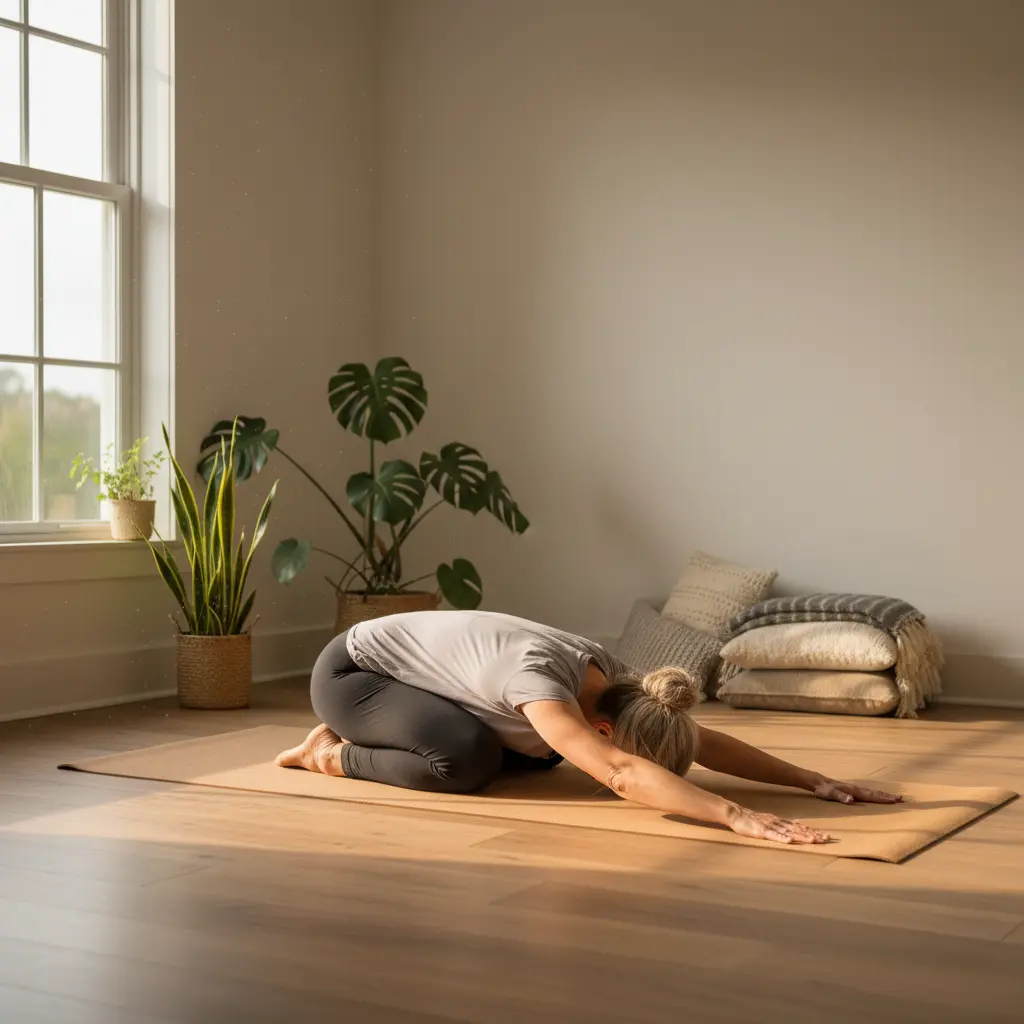gentle yoga poses for menopause on cork mat for balance