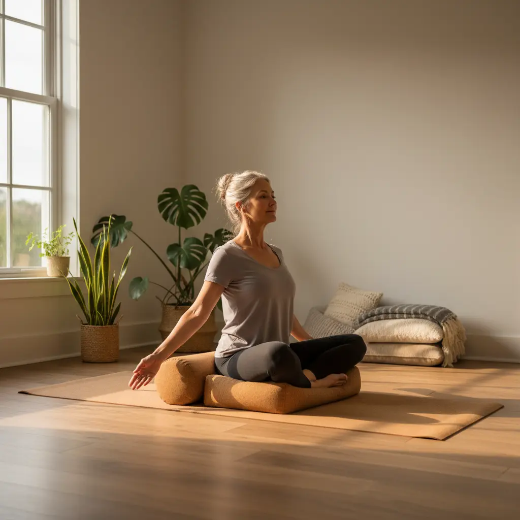 woman practicing gentle yoga on eco-friendly cork mat during menopause